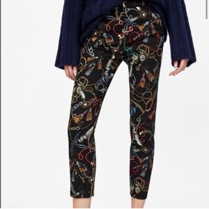 NEW ZARA TASSEL PRINT BLACK CROPPED PANTS, XS